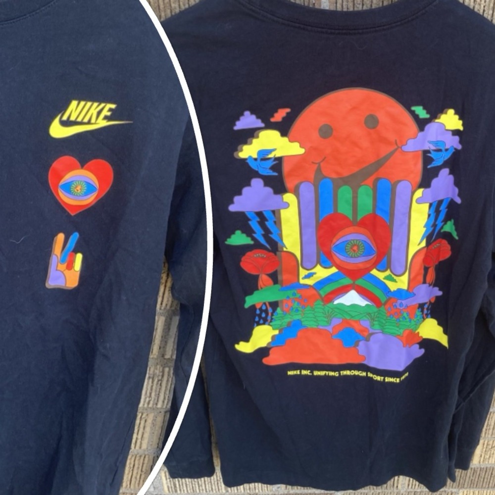 Men's Small Nike Tee Crazy Back Print Unifying Through Sport Long Sleeve Black